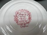 a white plate with a red design on it