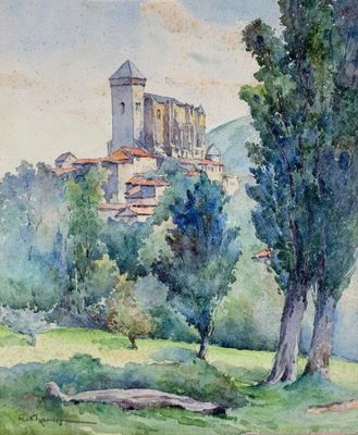watercolor painting of a castle on a hill with trees in the foreground