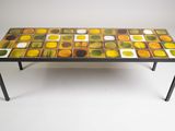 un gros plan d'une table basse ornée d'un motif coloré