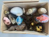 a cardboard box filled with assorted items on a table