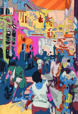 painting of a crowd of people walking down a city street