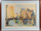 a painting of a harbor scene with boats in the water