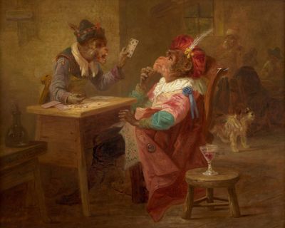 tableau représentant deux hommes jouant aux cartes à une table dans une pièce