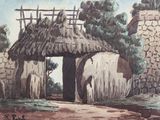 a painting of an old stone building with a thatched roof