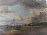 une peinture à l'huile représentant un ciel nuageux au-dessus d'un champ, avec des arbres au loin