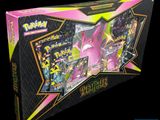 the box of the pokemon card game has a pink and yellow design