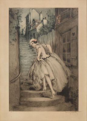 dessin représentant une femme en robe de bal montant un escalier