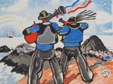 painting of two men in blue and black uniforms with a red and white flag on their shoulders