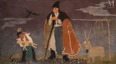 une image représentant un tableau où figurent un homme et une femme accompagnés d'animaux