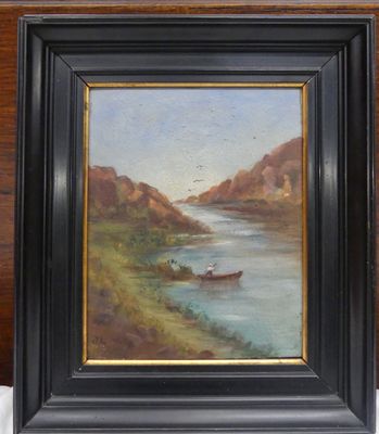 painting of a man in a boat on a river with mountains in the background