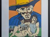 painting of a man in a cowboy hat with two children