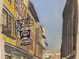 painting of a street with buildings and a clock on the side of it