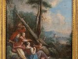 une image représentant un tableau d'une famille dans un décor boisé