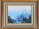 une image représentant un tableau représentant un paysage de montagne avec un château en arrière-plan