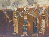 a painting of a group of people standing in front of a wall