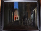 painting of a group of men walking down a street at night