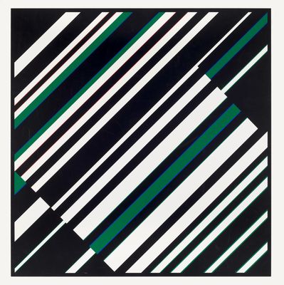 une peinture en noir et blanc avec des rayures vertes sur fond blanc