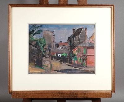 tableau représentant une scène de rue avec des bâtiments et une tour horloge au loin