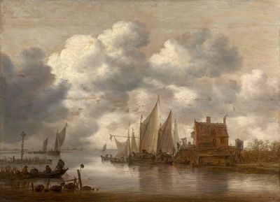 un tableau représentant des bateaux sur un plan d'eau, avec un château en arrière-plan
