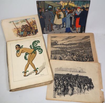 several old books with pictures of men and women on them