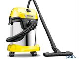 a yellow and black vacuum cleaner with a hose on a white background