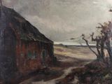 une peinture à l'huile représentant une grange au bord d'un chemin de terre