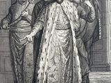 un vieux dessin représentant un homme coiffé d'une couronne et une femme en robe