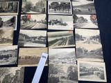 several old black and white photographs of a train station