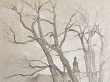 a drawing of a tree in a field with a house in the background