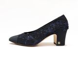 chanel pumps in black and blue lace with wooden heel
