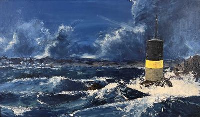 un tableau représentant un phare au milieu de l'océan