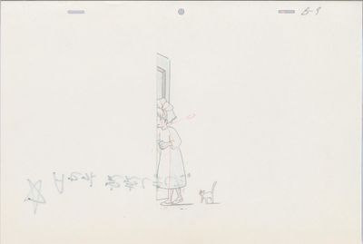 animation drawing of a woman standing in front of a door with a cat