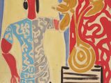 une peinture représentant une femme debout devant un vase de fleurs