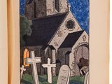 a picture of a painting of a church in a cemetery