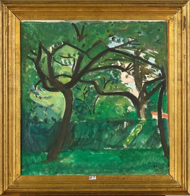 Huile sur toile marouflée sur carton "Verger".