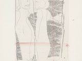 drawing of two women standing in front of a mirror, one of which has a red line