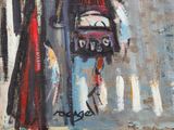 a painting of a woman walking down the street