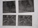 several black and white photographs of a woman laying in a bed
