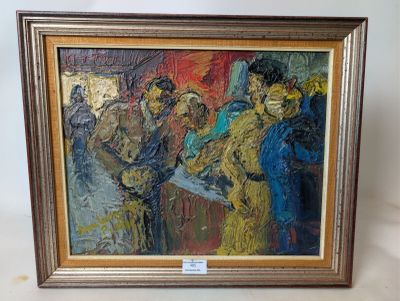 une peinture représentant un groupe de personnes debout dans une pièce