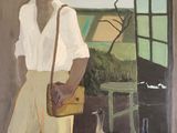 a painting of a man standing in front of a window