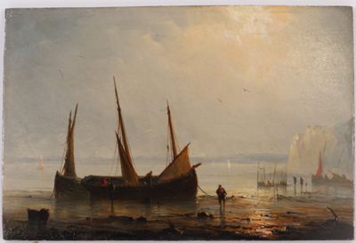 a painting of a boat on the water with other boats in the background
