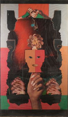 painting of a person holding a piece of paper with a face on it
