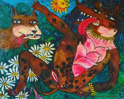 un tableau représentant deux animaux dans l'herbe