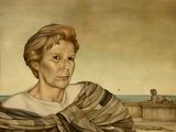 painting of a woman wrapped in a blanket sitting on a bench