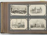 an open book with pictures of buildings and people on it