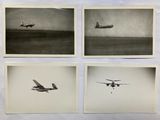 four black and white photographs of airplanes flying over a body of water