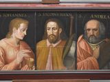 a painting of three men with a glass of wine in front of them
