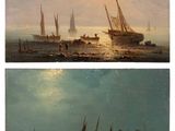deux tableaux représentant des bateaux sur un plan d'eau, avec la lune dans le ciel