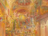 une peinture représentant une peinture d'une église avec des personnes à l'intérieur