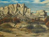 un tableau représentant un paysage désertique avec une montagne en arrière-plan